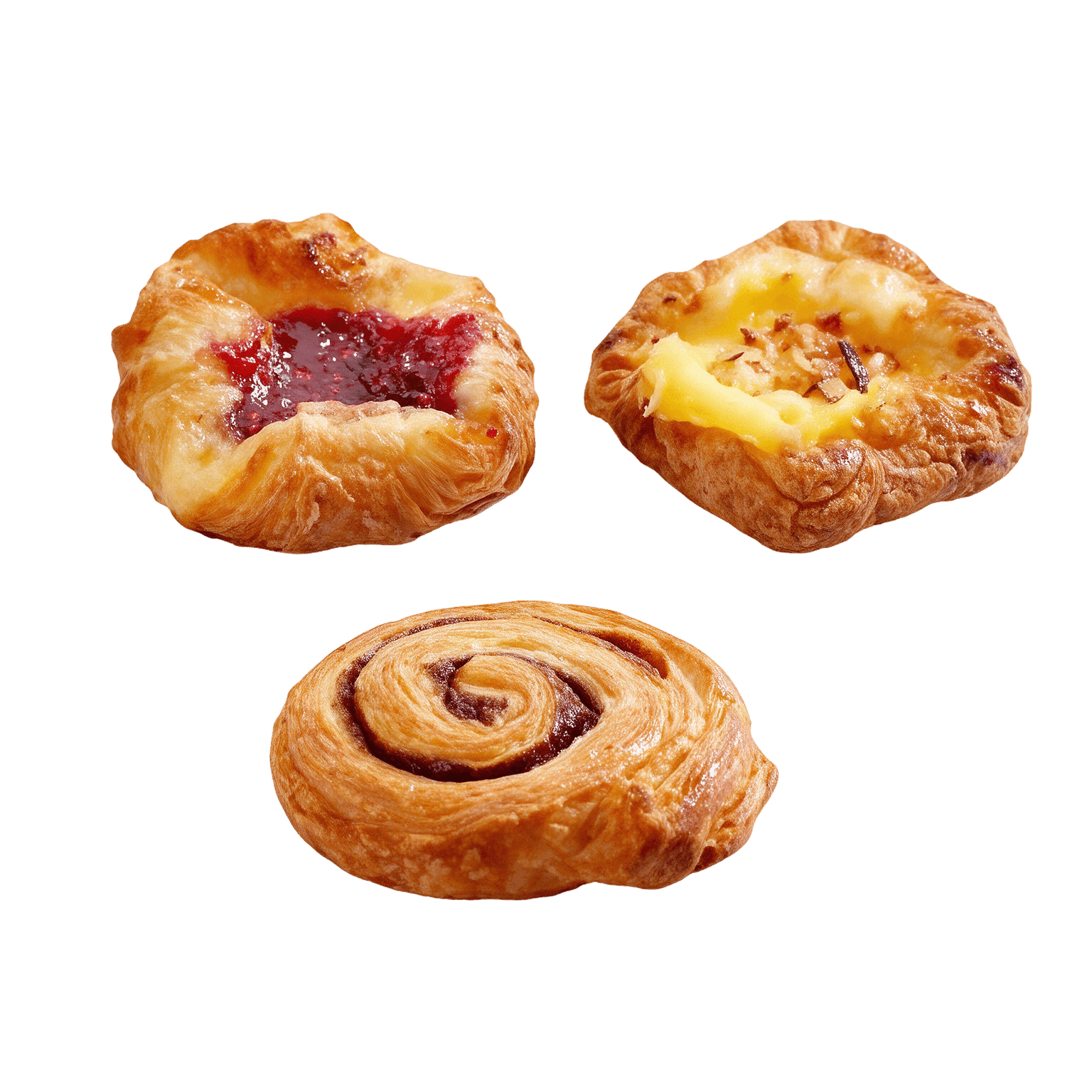Mix Mini Danés Frambuesa, Crema Pastelera y Rol Canela